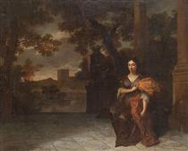 Portrait of a lady on a terrace with view on a park with pond and bell tower - Isaac de Moucheron