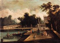Garden of a villa with fish pond, two fountains and onlookers - Isaac de Moucheron