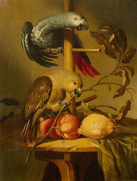 Stillleben mit Papageien und Früchten - Jacob Fransz. van der Merck