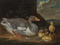 Goose with chicks - Jacob Samuel Beck