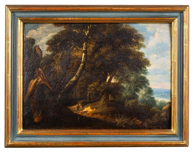 showing a traveler through a wooded mountain area - Jacques d'Arthois