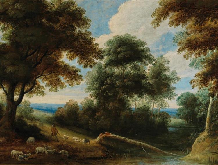 A wooded landscape with a shepherd defending his flock against a wolf - Jacques d'Arthois