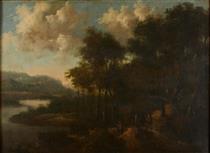 A riverbank with lush trees and large puffy clouds on a blue sky - Jacques d'Arthois