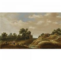 AMSTERDAM A DUNE LANDSCAPE WITH A PEASANT WOMAN AND CHILD ON A PATH, FARM HOUSES BEYOND - Joachim Govertsz. Camphuysen