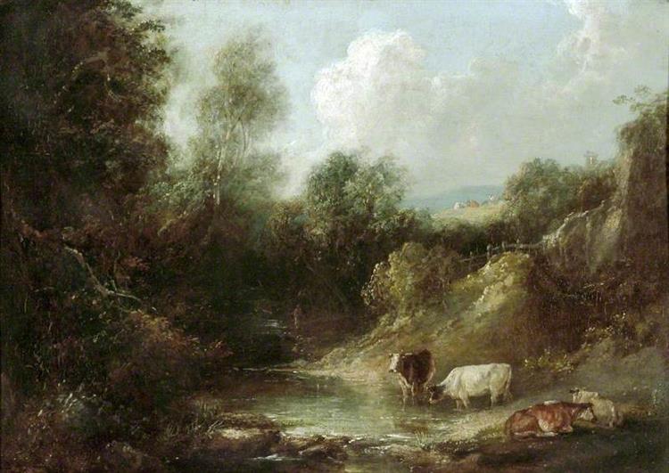Landscape with Cattle Watering - Julius Caesar Ibbetson