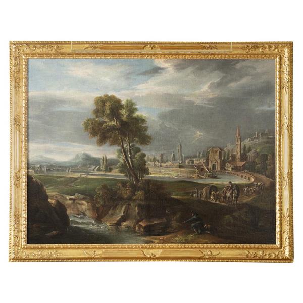 River landscape with figures and a small temple in the background - Luca Carlevaris