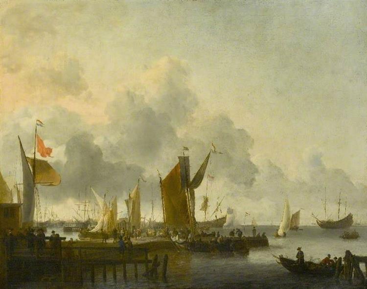 A Dutch Harbour with Numerous Figures, a Man of War Firing a Salute beyond - Ludolf Backhuysen I
