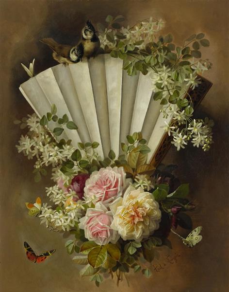 Roses and blossoms with fan, butterflies and birds - Paul de Longpré