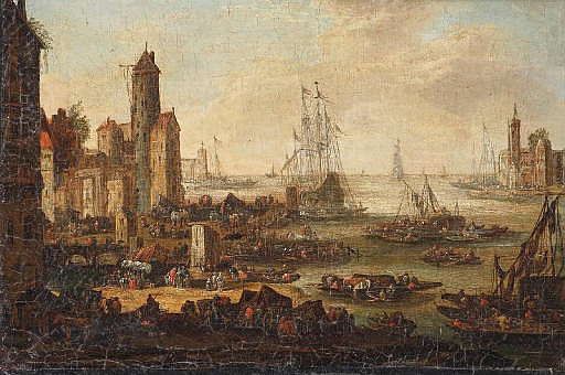 A view of a coastal town, shipping in the distance - Pieter Casteels II