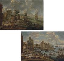 A capriccio of a busy port with the ruins of a triumphal arch; and A capriccio of a busy port with a bridge, a coach in the foreground - Pieter Casteels II