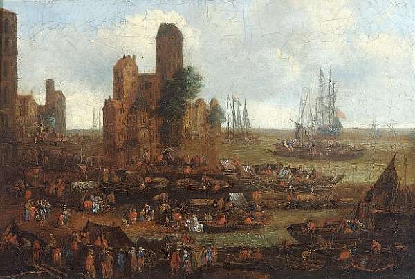 A busy harbour with fishermen and merchants - Pieter Casteels II
