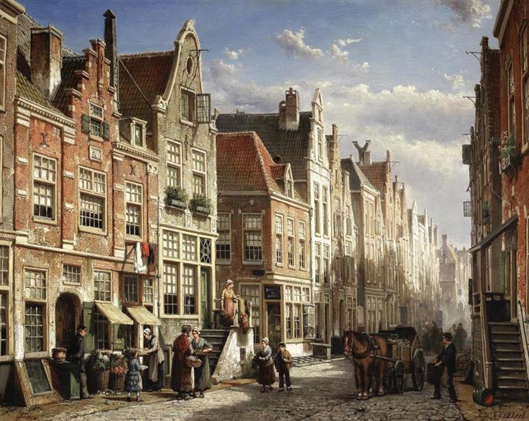 A busy street scene - Willem Koekkoek
