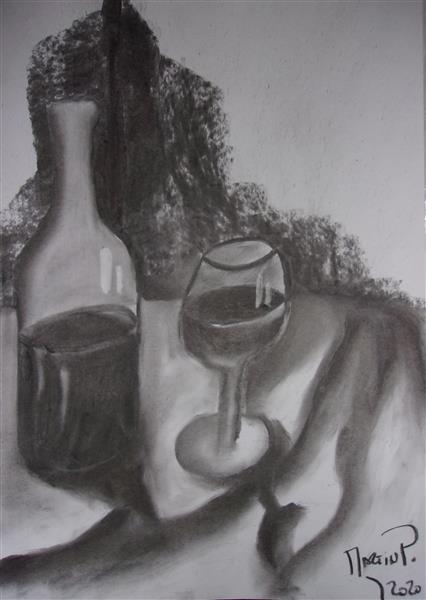 bodegón botella y copa de vino, 2020 - Ателье