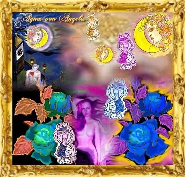 Horologium der Nacht mit Juno Juventas zwischen blauen Rosen; die zum nächtlichen Himmel aufsteigende Musen in violett-blau-lila-gold Kolorit, Luna als Trio und das Symbol des Mannes mit Herz. (d.) ; Horologium of the night with Juno Juventas between blue roses; the muses rising to the night sky in violet-blue-purple-gold coloring, Luna as a trio and the symbol of the man with a heart. (eng.), c.2022 - Agnes von Angelis