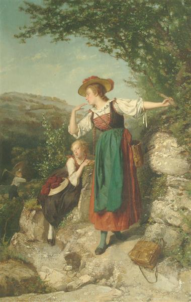 Two ladies resting on a rocky pathway - Theodore Gerard