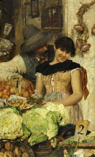 A Venetian Vegetable Stall, Courtship, 1886 - Giacomo Favretto