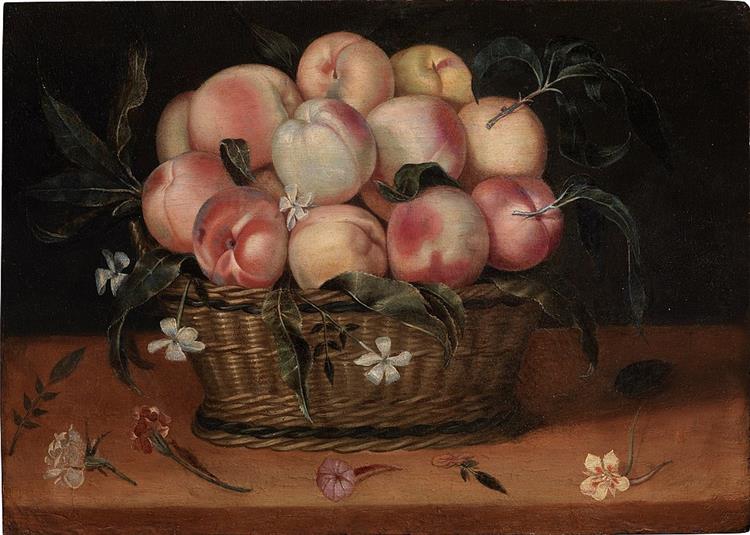 Wicker Basket with Peaches, Jasmine Flowers, Rose and Carnation - Феде Галиция