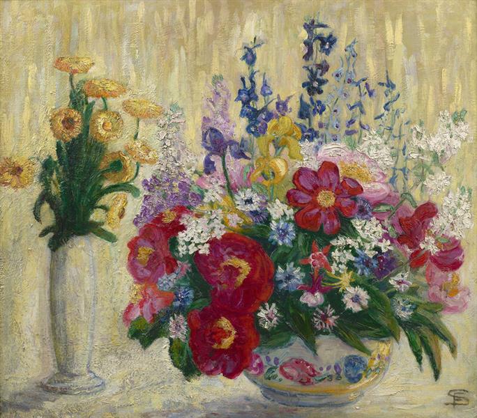 Marigolds, Rose Peonies, Purple Delphiniums, & Gold Iris, c.1915 - Florine Stettheimer