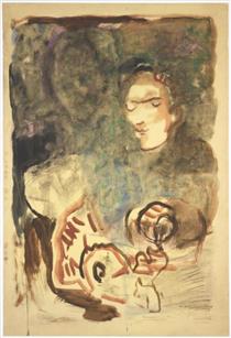 Drawing of a Male Face in a Non Figurative Ground - Frances Mary Hodgkins