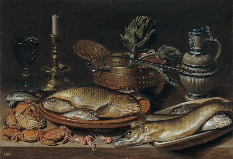 Still Life with Fish, Candle, Artichokes, Crabs and Shrimp, 1611 - Clara Peeters