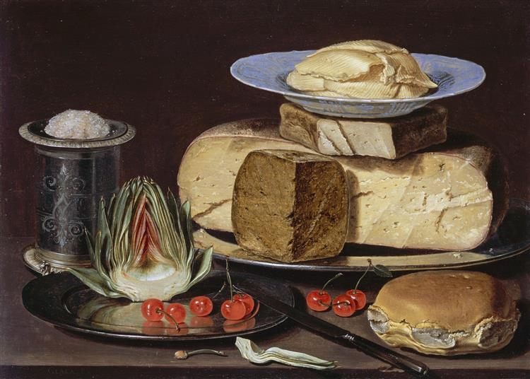 Still Life with Cheeses, Artichoke, and Cherries, 1625 - Клара Петерс