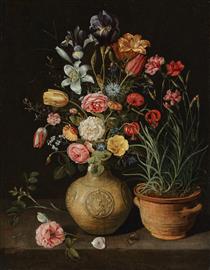 Roses, Lilies, An Iris and Other Flowers in An Earthenware Vase, with a Pot of Carnations and a Butterfly on a Ledge - Clara Peeters