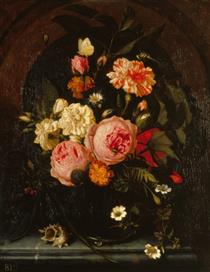 Still Life with Flowers, Insects and a Shell - Maria van Oosterwijk