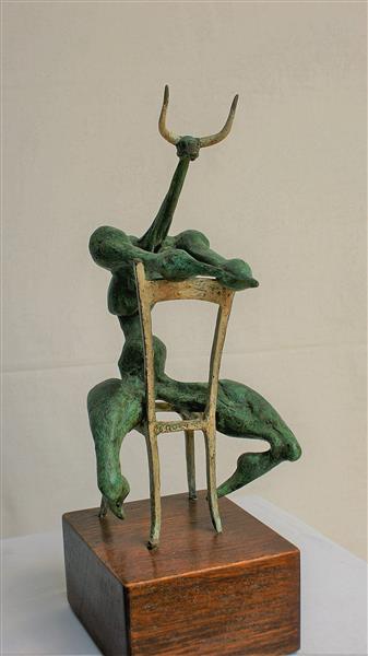 5. Horned Beast Man Sitting Back to Front on Chair 1988 Bronze H300 X W145 X 170mm Edition 6 65 - MAUREEN QUIN