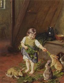Girl feeding rabbit - Felix Schlesinger