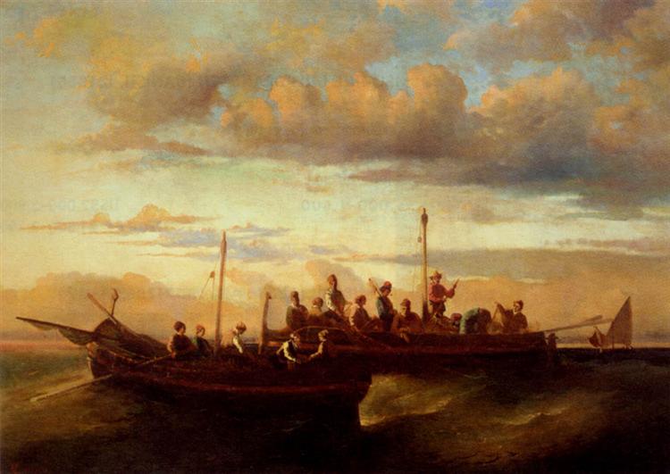 Italian Fishing Vessels at Dusk - Adolphe Joseph Thomas Monticelli