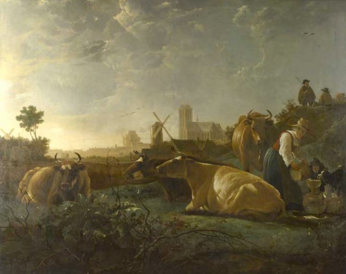 A Distant View of Dordrecht, with a Milkmaid and Four Cows, 1650 - Альберт Кейп