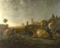 A Distant View of Dordrecht, with a Milkmaid and Four Cows - Albert Jacob Cuyp