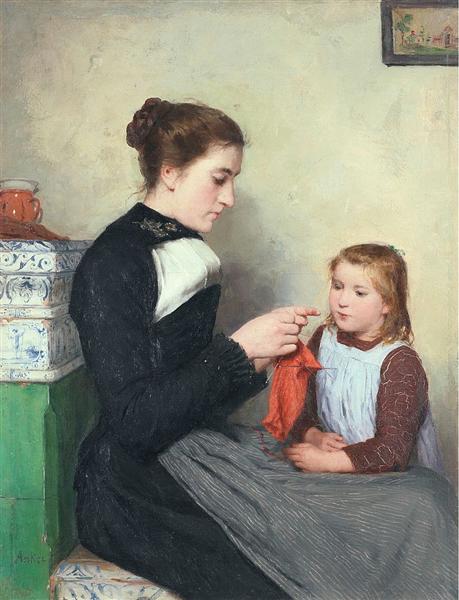 Knitting Bernese woman with child - Albrecht Anker
