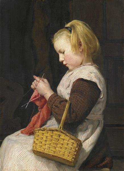 Knitting girl with basket, 1897 - Альберт Анкер