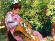 Girl Embroidering, Seated in a Garden - Albert Marquet
