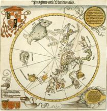 Map of the Southern Sky, with representations of constellations, decorated with the crest of Cardinal Lang von Wellenburg, and a dedication to him with his coats of arms and the Imperial copyright - Alberto Durero