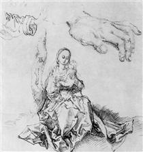 Study sheet with Madonna and child, hand and sleeve - Albrecht Durer