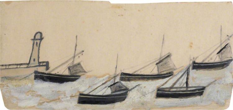 Five Fishing Boats Anchored by Pier and Lighthouse - Alfred Wallis