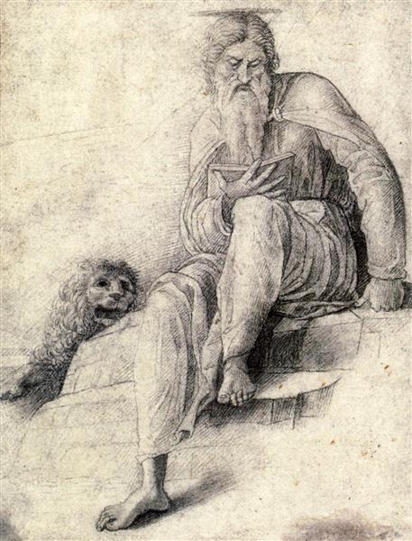 Saint Jerome reading with the Lion, 1500 - Андреа Мантенья