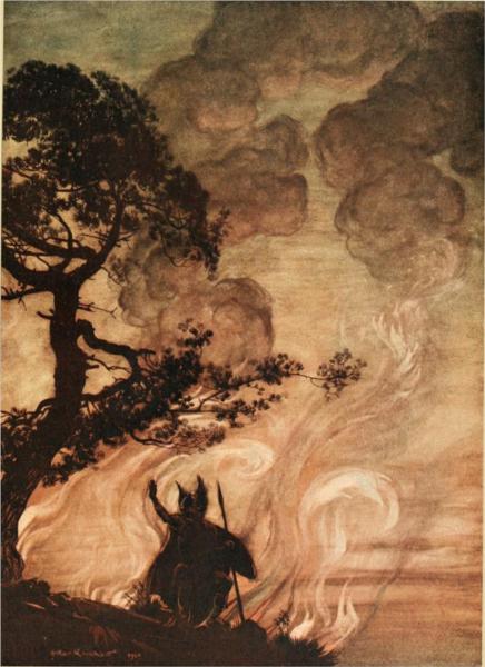 As he moves slowly away, Wotan turns and looks sorrowfully back at Brünnhilde - Arthur Rackham