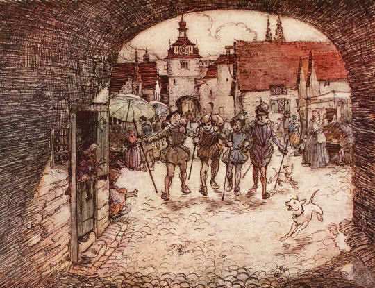 So the four Brothers took their sticks in their hands, bade their Father good-bye, and passed out of the town gate - Arthur Rackham