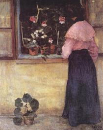 Girl by the Window with Flower - Bela Czobel