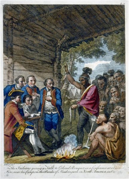 The Indians giving a talk to Colonel Bouquet in a conference at a council fire, near his camp on the banks of Muskingum in North America in Oct. 1764 - Бенджамін Вест