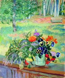 A Bouquet of Flowers on the Balcony - Борис Кустодієв