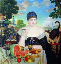 The Merchant's Wife at Tea - Borís Kustódiev