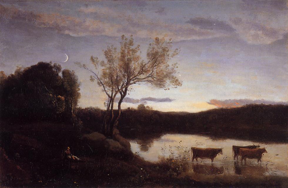 A Pond With Three Cows And A Crescent Moon C 1850 Camille Corot 