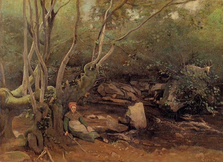 Lormes Shepherdess Sitting under Trees beside a Stream, 1842 - Camille Corot