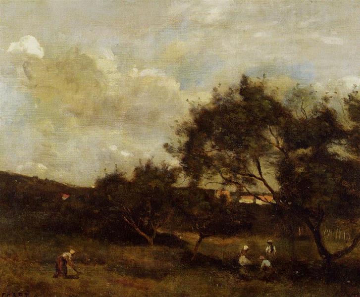 Peasants near a Village - Jean-Baptiste Camille Corot