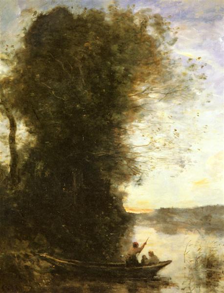 The Boatman Left the Bank with a Woman and a Child Sitting in his Boat, Sunset - Camille Corot