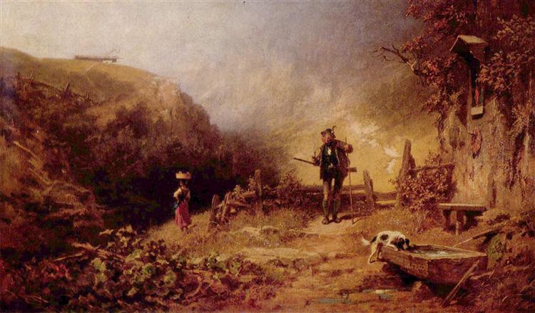 A hunter looking to a young girl, c.1875 - Carl Spitzweg